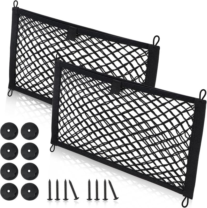 MOJIOO Universal Mesh Cargo Net for Car Trunk Storage,2 Pack Elastic Small Cargo Net Pocket Organizer Pouch Bag,Stretchable Automotive Cargo Nets with 8 Pieces Mounting Screws and Hooks for RV,SUV,Boats,Home - Image 1